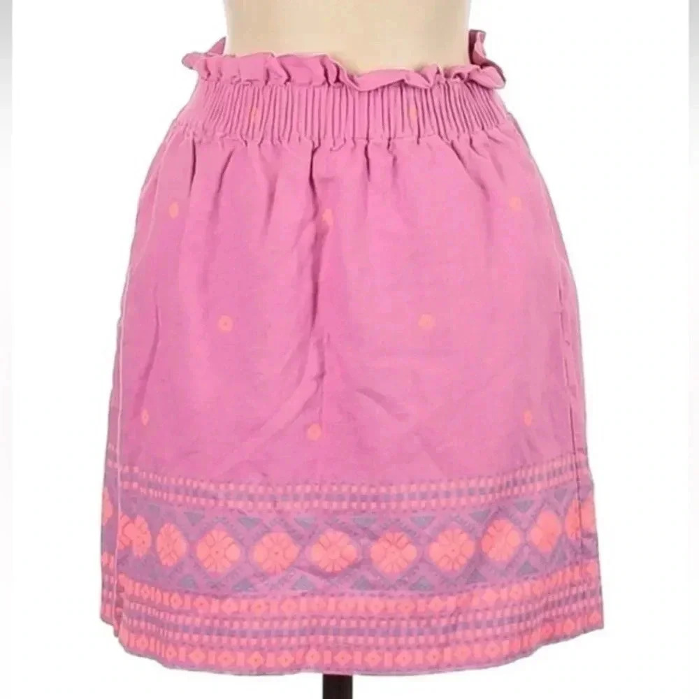 J. Crew Pink Linen Blend Mini Skirt Aztec Southwestern Boho Print Size 2 XS